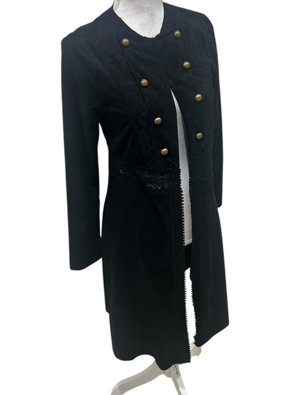 Nwot Vocal black faux Suede Long duster Lace-Trim Military gold Button Jacket - Picture 2 of 11